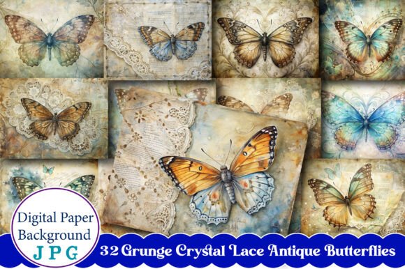 Grunge Crystal Lace Antique Butterflies: A Digital Design Asset