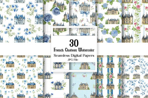 Timeless Elegance: A French Chateau Watercolor Digital Paper Collection