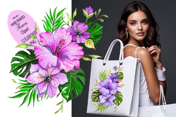 Tropical Watercolor Flowers: Vibrant Hibiscus & Leaf Clipart